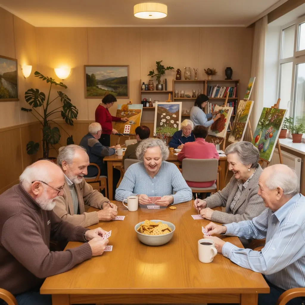 Vecāka gadagājuma cilvēku grupa piedalās radošajā darbnīcā.