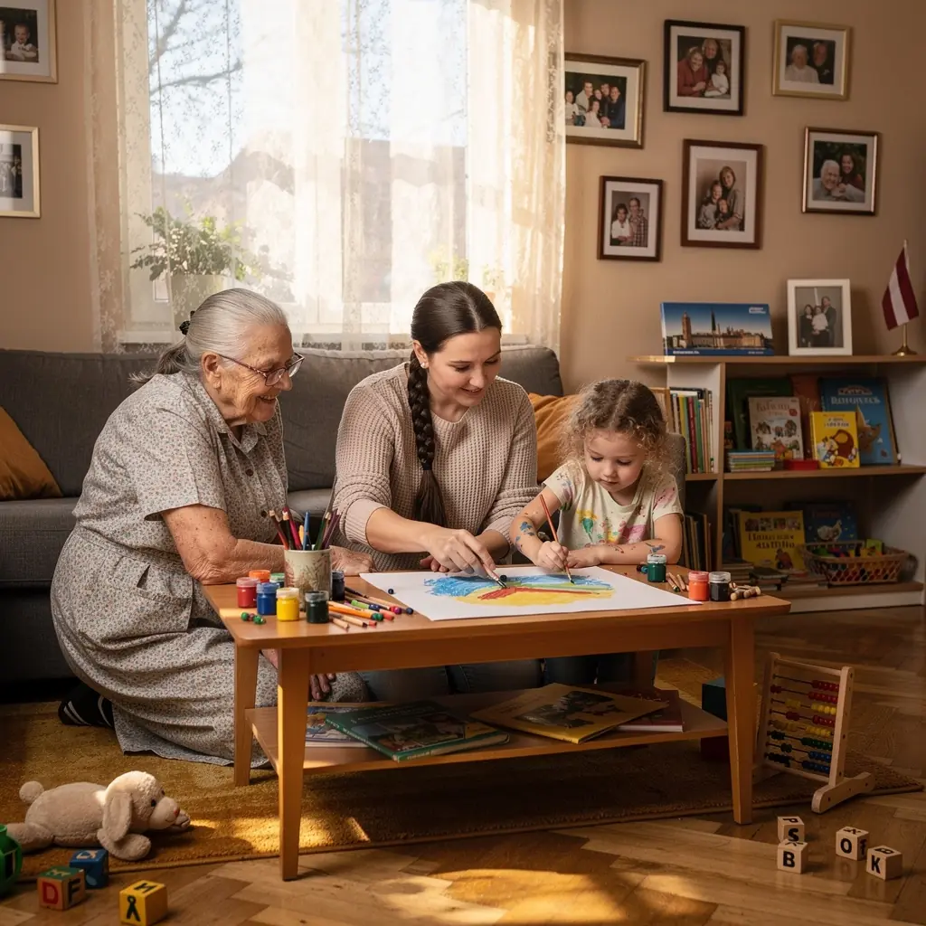 Ģimene bauda kopīgas brīvdienas, spēlējot galda spēles mājās.
